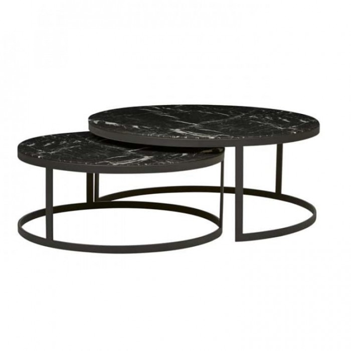 Elle Flat Metal Nest Coffee Tables- 800Dia x H330+950 Dia x H400mm Matt Black Marble-Globewest