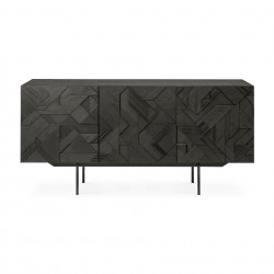 Ethnicraft Teak Graphic Black Sideboard W168xD45x80cm – 3 Doors / 2 Adjustable Shelves - Solid Oak