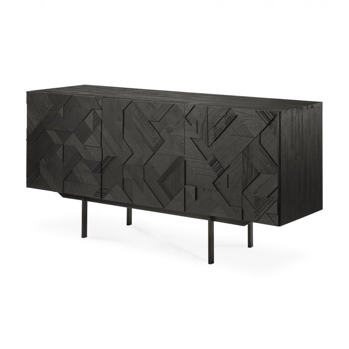 Ethnicraft Teak Graphic Black Sideboard W168xD45x80cm – 3 Doors / 2 Adjustable Shelves - Solid Oak-10062